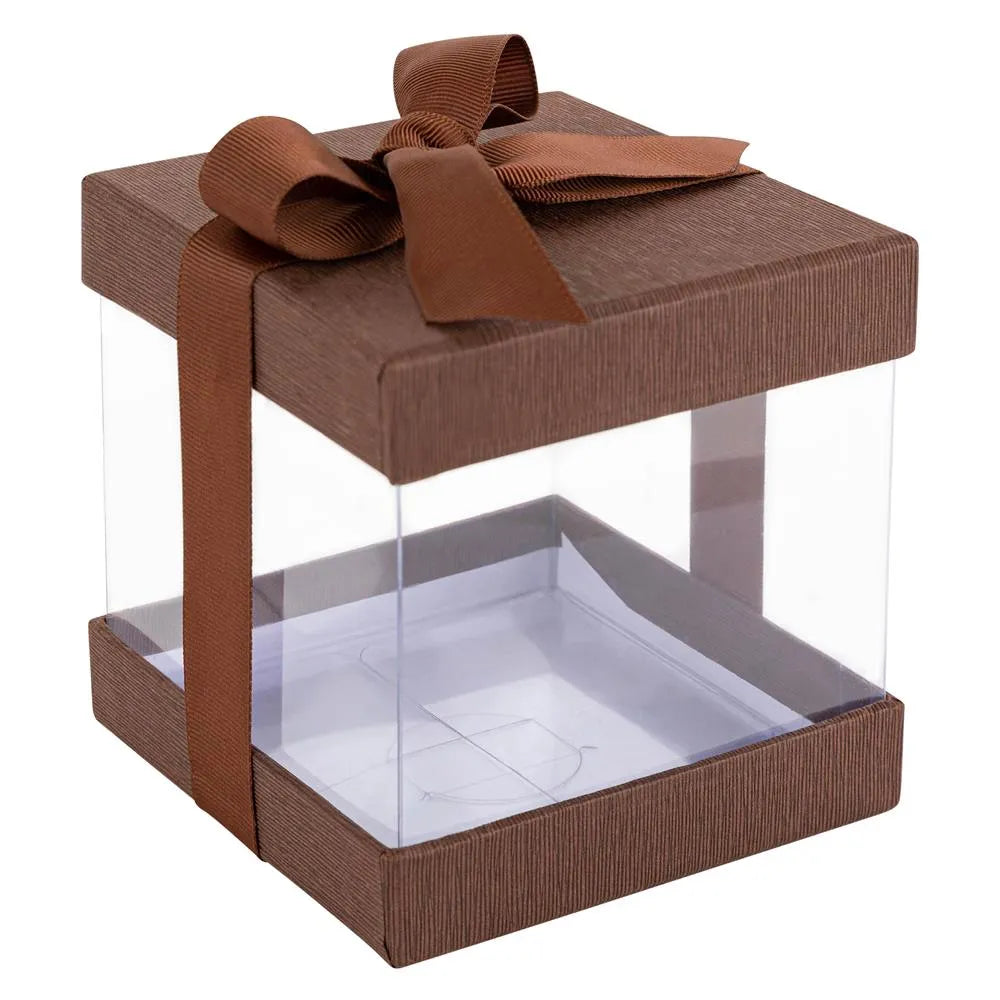 Clear Plastic Gift Boxes Brown 4X4X4" 6 Pack Bakery Boxes With Base Lid & Ribbon