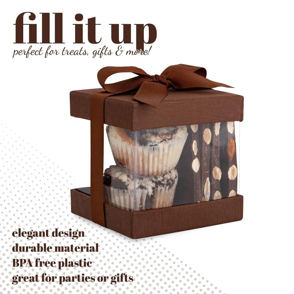 Clear Plastic Gift Boxes Brown 4X4X4" 6 Pack Bakery Boxes With Base Lid & Ribbon