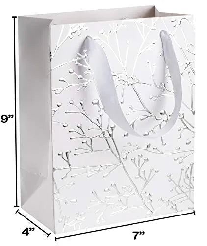 White Floral Stems Design Foil Stamped Gift Bags 24 Pack 9"x 7"x 4"