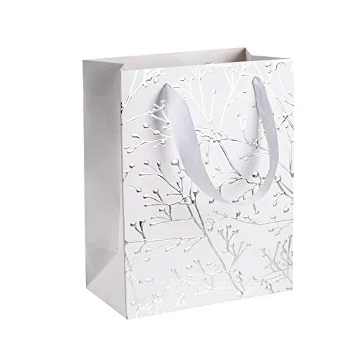 White Floral Stems Design Foil Stamped Gift Bags 24 Pack 9"x 7"x 4"