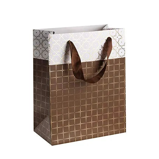 Small Box Design Foil Stamped 9"X 7"X 4" Brown Gift Bags Set 24 Pack