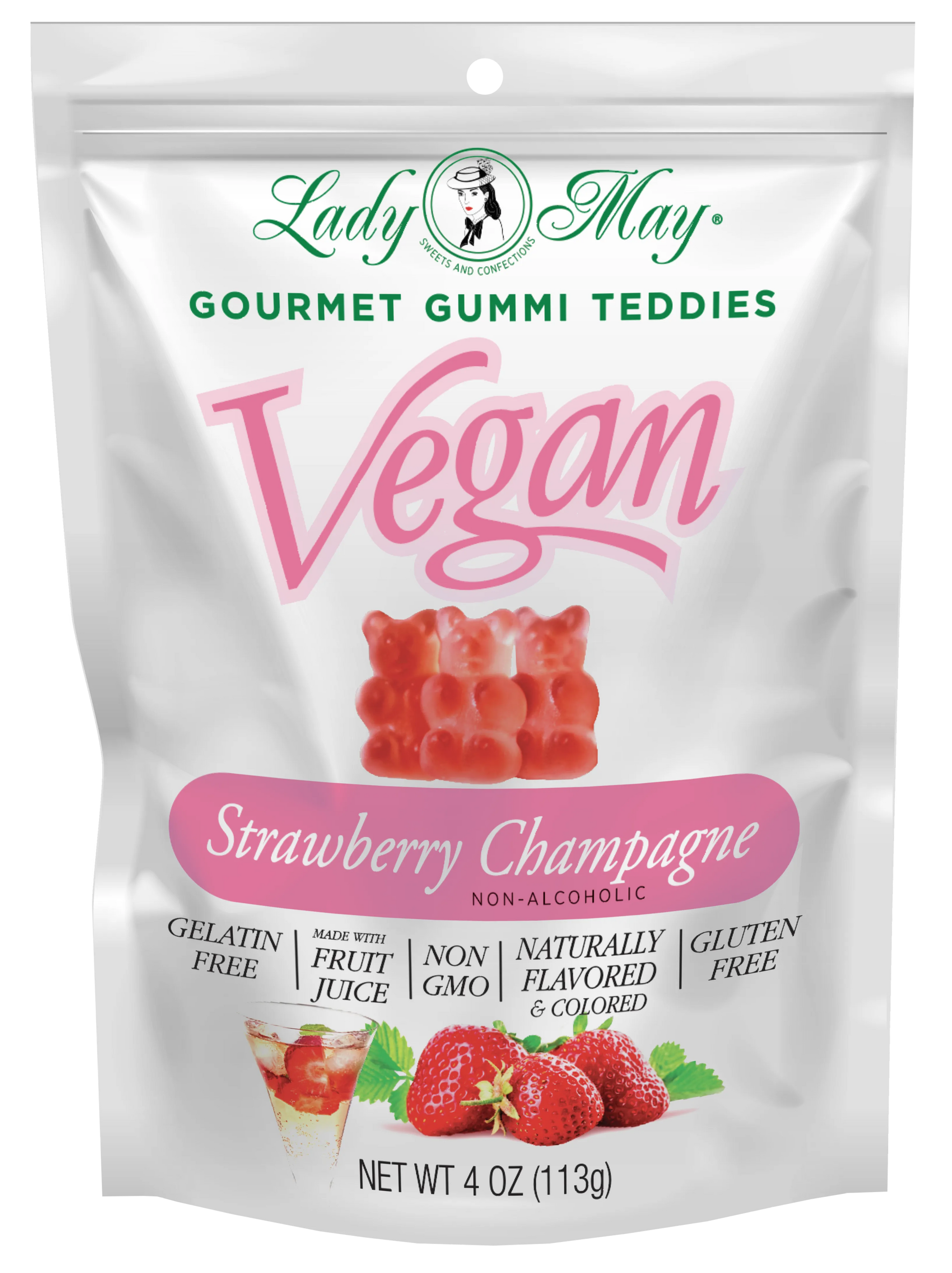 Lady May Sweets Vegan Gourmet Strawberry Champagne Gummi Teddies