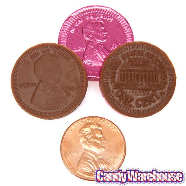 Assorted Colors Foiled Milk Chocolate Penny Parade Coins in Mesh Bags: 20-Piece Box - Candy Warehouse