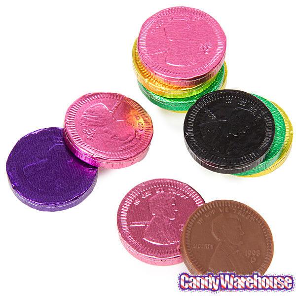 Assorted Colors Foiled Milk Chocolate Penny Parade Coins in Mesh Bags: 20-Piece Box - Candy Warehouse