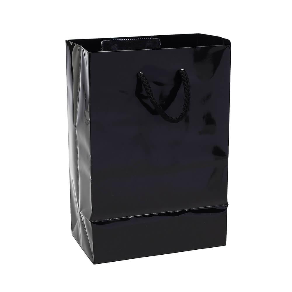 Black Glossy Candy Bags with Handles - Small: 12-Piece Pack - Candy Warehouse