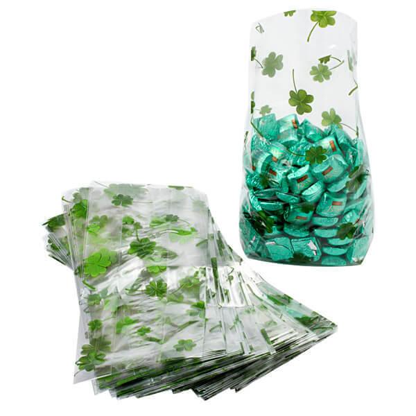 Clear Cello Candy Bags with St Patrick&#39;s Day Clovers: 100-Piece Box - Candy Warehouse