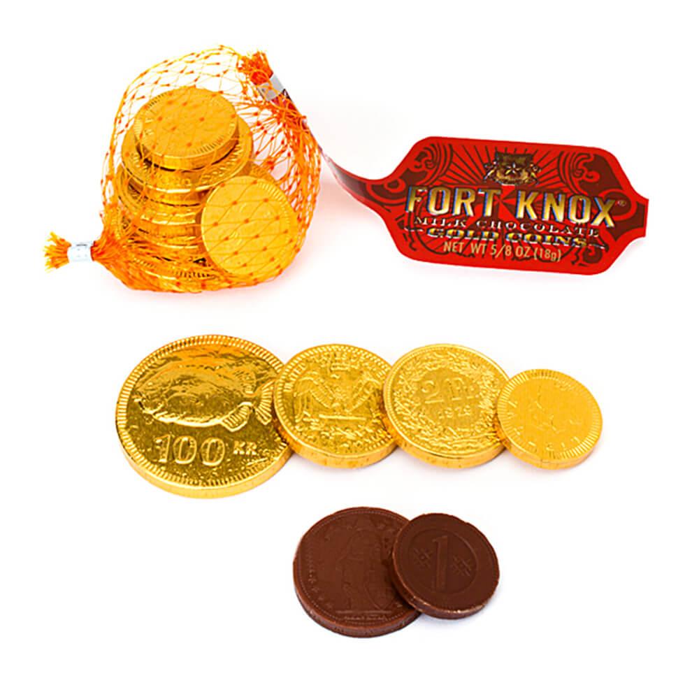 Fort Knox Gold Foiled Milk Chocolate Coins in Mesh Bags: 12-Piece Box - Candy Warehouse