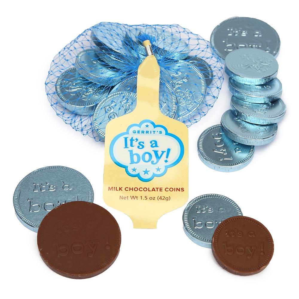 It&#39;s a Boy Foiled Chocolate Coins in Mesh Bags: 18-Piece Box - Candy Warehouse