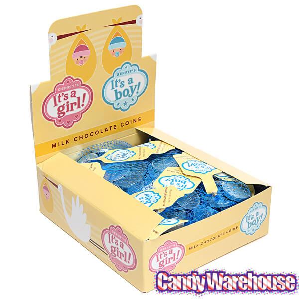 It&#39;s a Boy Foiled Chocolate Coins in Mesh Bags: 18-Piece Box - Candy Warehouse