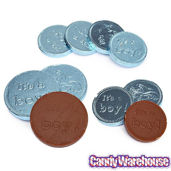 It&#39;s a Boy Foiled Chocolate Coins in Mesh Bags: 18-Piece Box - Candy Warehouse