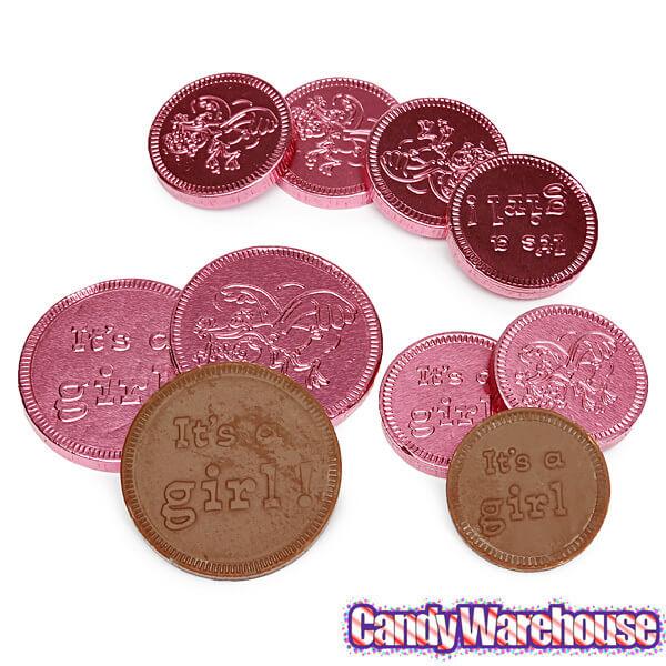 It's a Girl Foiled Chocolate Coins in Mesh Bags: 18-Piece Box - Candy Warehouse