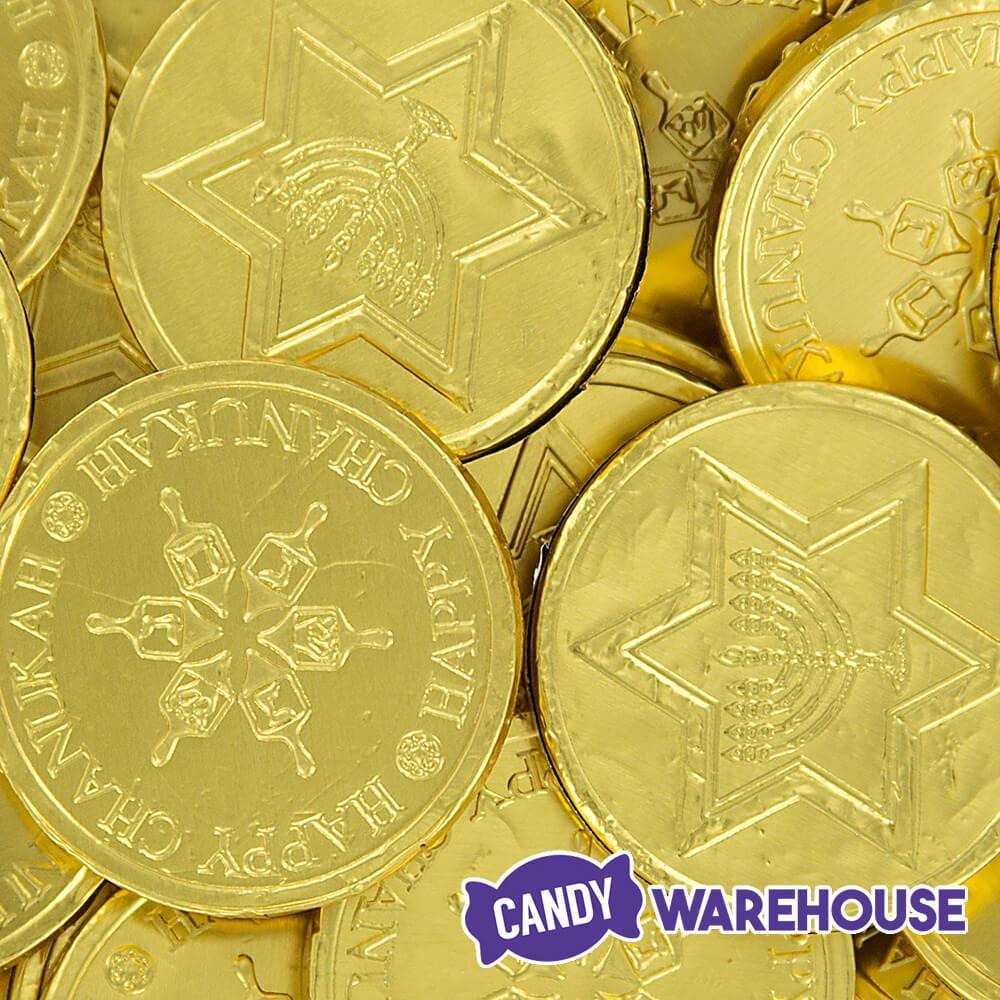 Madelaine Chanukah Gelt Gold Foiled Milk Chocolate Coins in Mesh Bags: 24-Piece Tub - Candy Warehouse