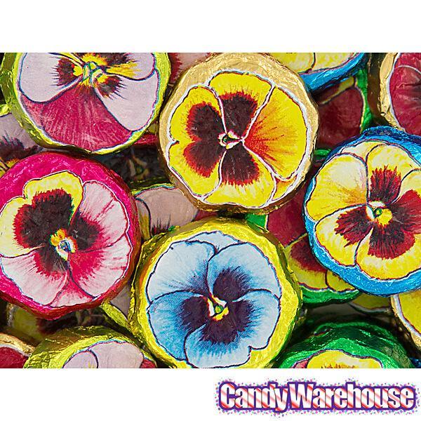 Madelaine Foiled Milk Chocolate Flower Wafers - Pansies: 5LB Bag - Candy Warehouse