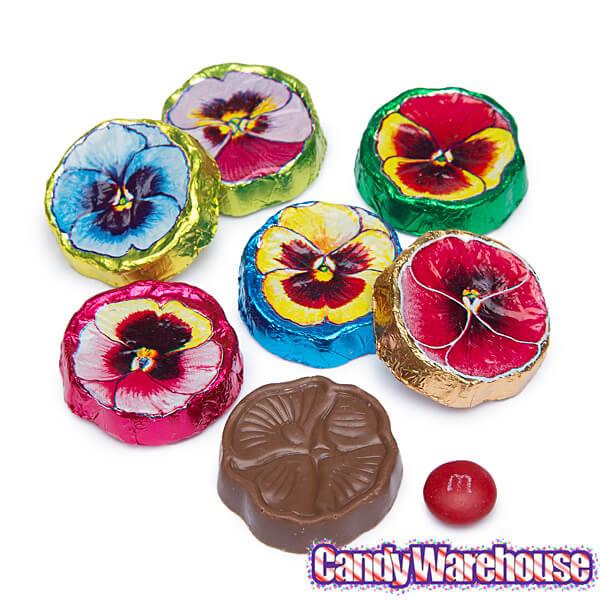 Madelaine Foiled Milk Chocolate Flower Wafers - Pansies: 5LB Bag - Candy Warehouse