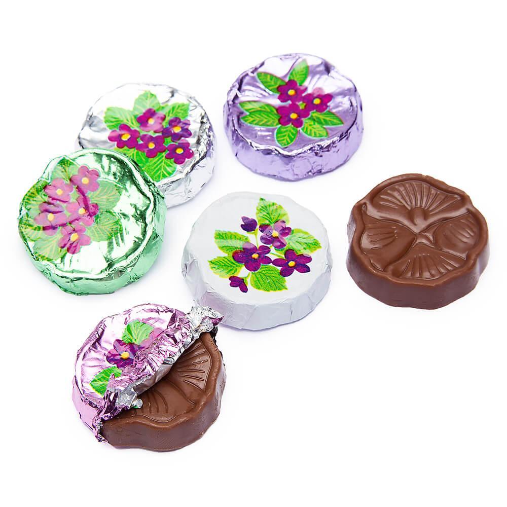 Madelaine Foiled Milk Chocolate Flower Wafers - Violets: 5LB Bag - Candy Warehouse