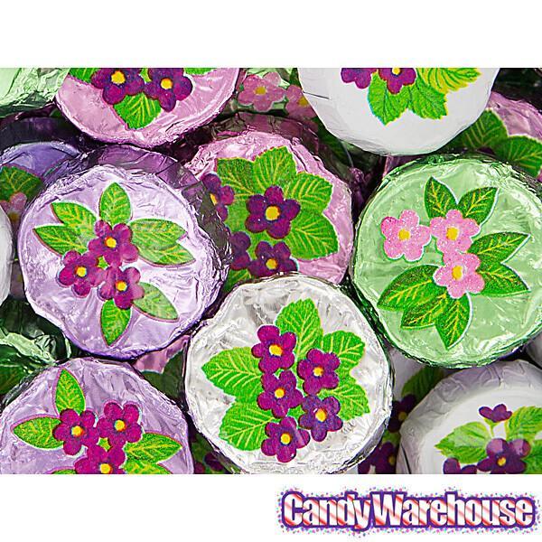 Madelaine Foiled Milk Chocolate Flower Wafers - Violets: 5LB Bag - Candy Warehouse