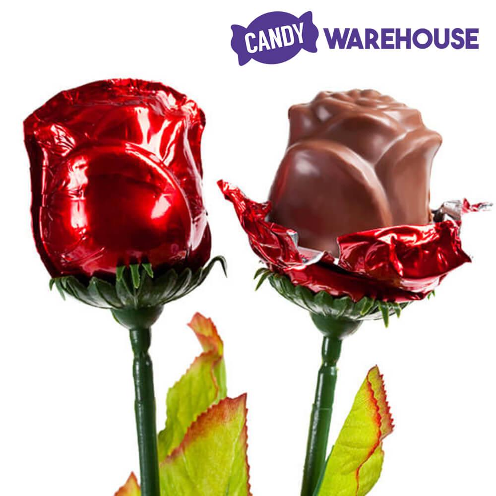 Madelaine Foiled Milk Chocolate Long Stem Roses - Red: 12-Piece Bunch - Candy Warehouse