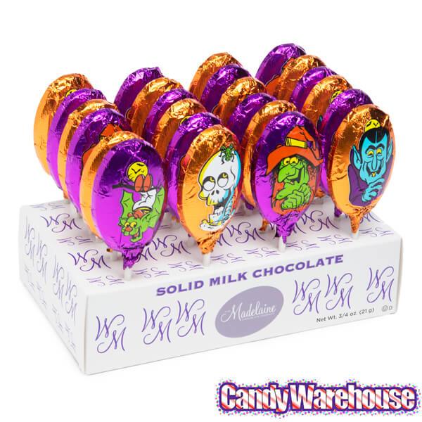 Madelaine Foiled Milk Chocolate Monster Pops: 24-Piece Display - Candy Warehouse