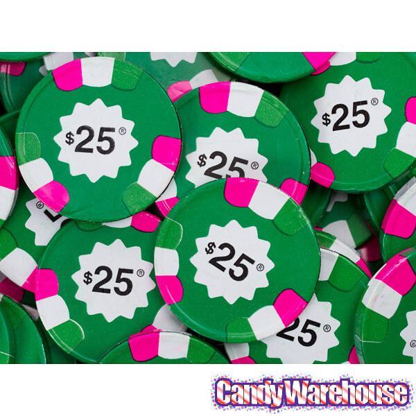 Madelaine Foiled Milk Chocolate Poker Chips - $25 Green: 5LB Bag - Candy Warehouse