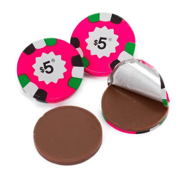 Madelaine Foiled Milk Chocolate Poker Chips - $5 Pink: 5LB Bag - Candy Warehouse