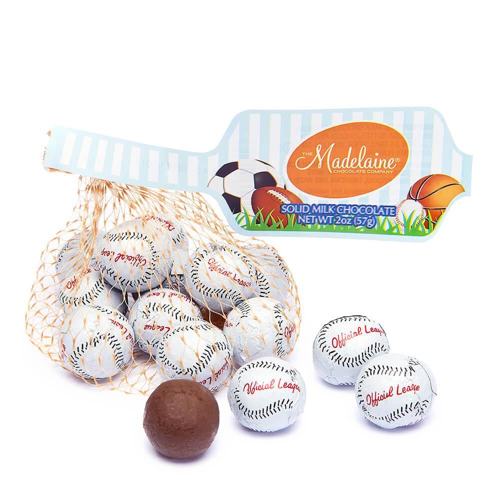 Madelaine Foiled Milk Chocolate Sports Balls 2-Ounce Mesh Bags - Baseball: 24-Piece Tub - Candy Warehouse