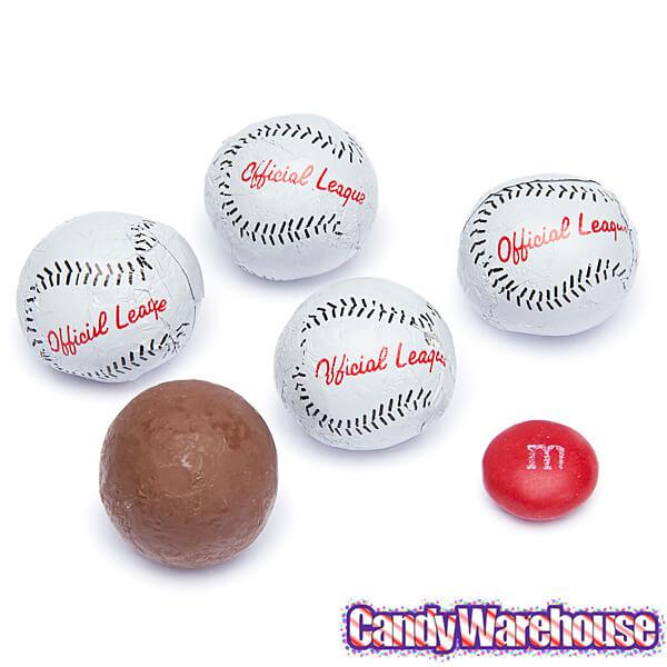 Madelaine Foiled Milk Chocolate Sports Balls 2-Ounce Mesh Bags - Baseball: 24-Piece Tub - Candy Warehouse