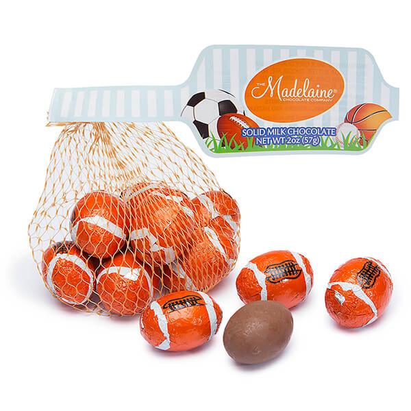 Madelaine Foiled Milk Chocolate Sports Balls 2-Ounce Mesh Bags - Football: 24-Piece Tub - Candy Warehouse