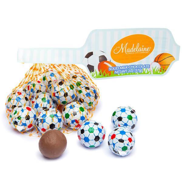 Madelaine Foiled Milk Chocolate Sports Balls 2-Ounce Mesh Bags - Soccer: 24-Piece Tub - Candy Warehouse