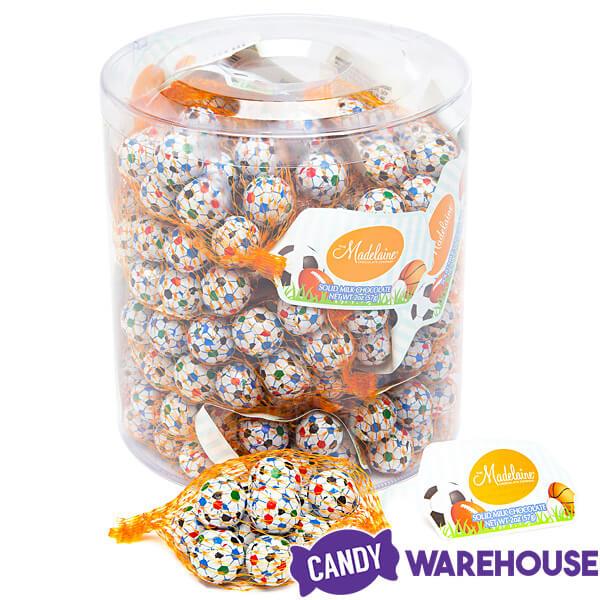 Madelaine Foiled Milk Chocolate Sports Balls 2-Ounce Mesh Bags - Soccer: 24-Piece Tub - Candy Warehouse