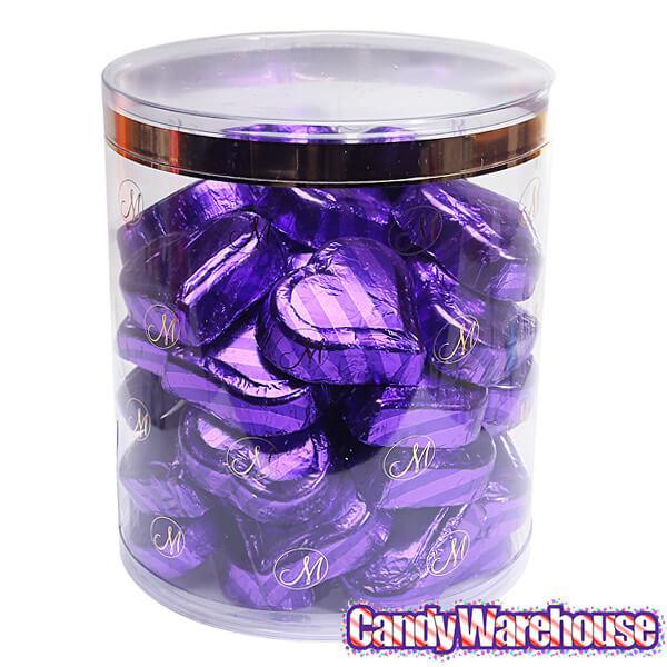 Madelaine Purple Foiled Peanut Butter Filled Chocolate Hearts: 40-Piece Tub - Candy Warehouse