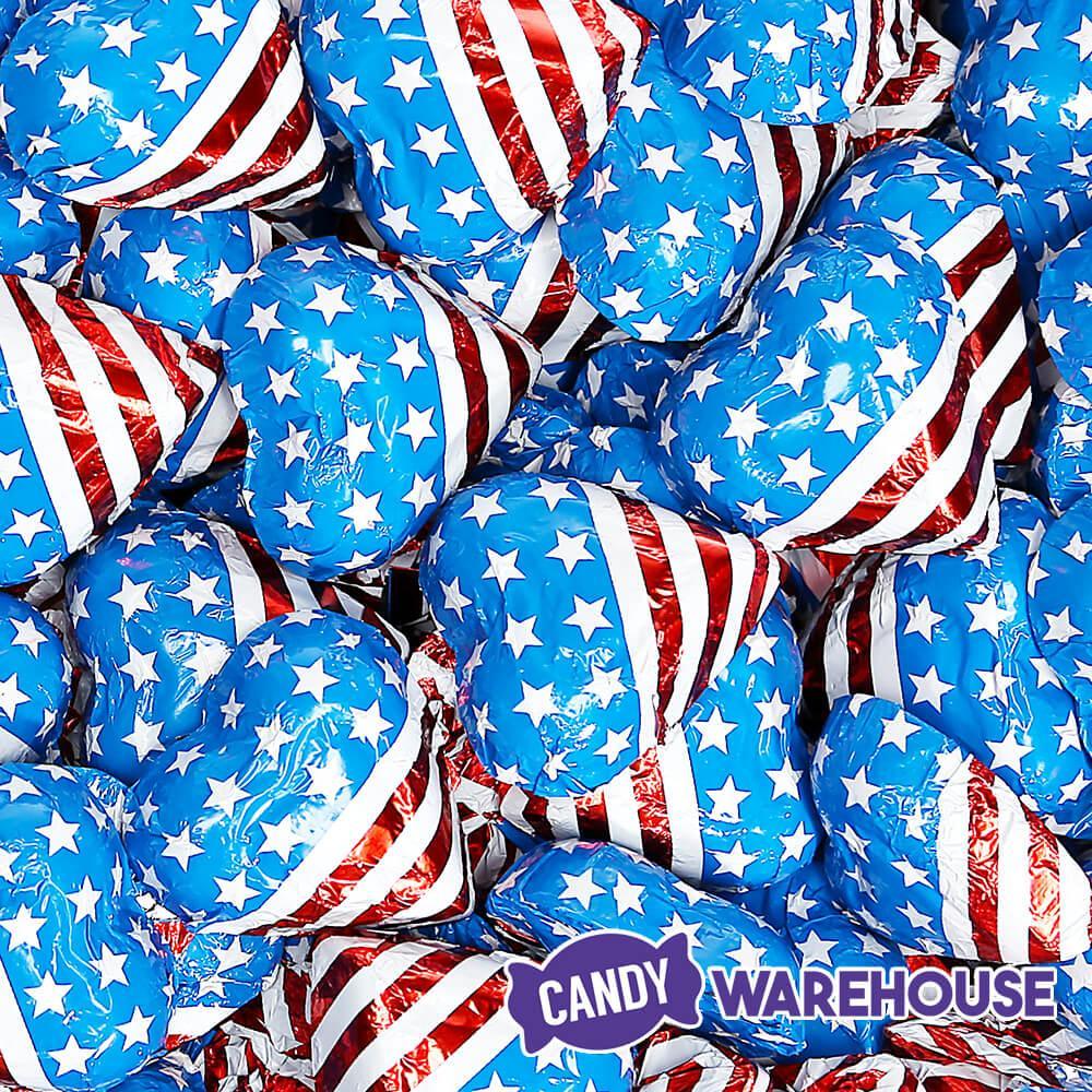 Madelaine USA Flag Foiled Milk Chocolate Hearts: 5LB Box - Candy Warehouse