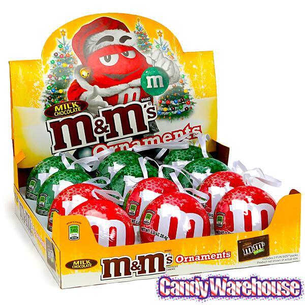 M&amp;M&#39;s Candy Filled Tin Christmas Ornaments: 12-Piece Display - Candy Warehouse