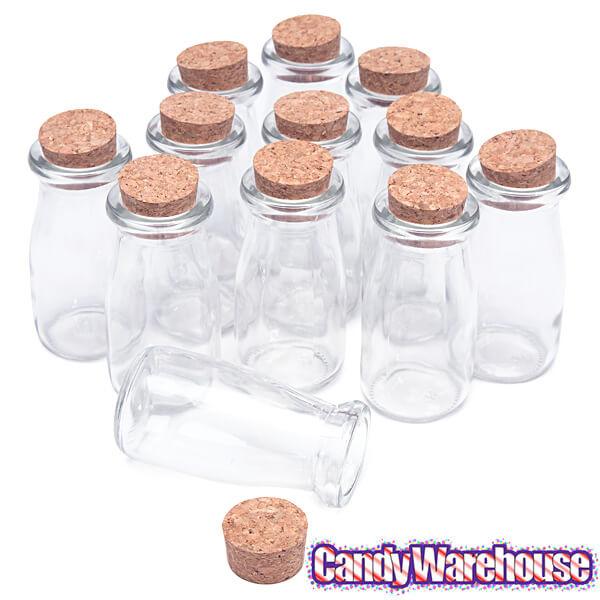 Mini Glass Favor Jars - 3-Ounce Milk Bottle with Cork Stopper: 12-Piece Set - Candy Warehouse