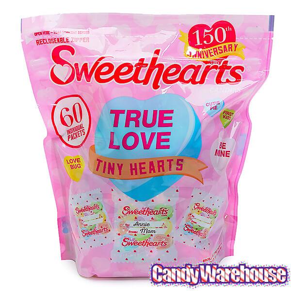 Necco Sweethearts Tiny Conversation Candy Hearts Packets - Modern Flavors: 60-Piece Bag - Candy Warehouse