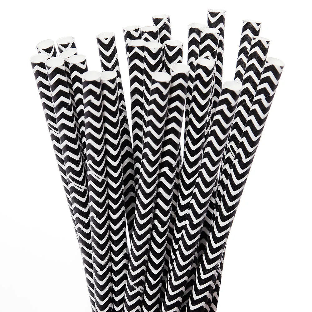 Paper 7.75-Inch Drinking Straws - Black Chevron Stripes: 25-Piece Pack - Candy Warehouse