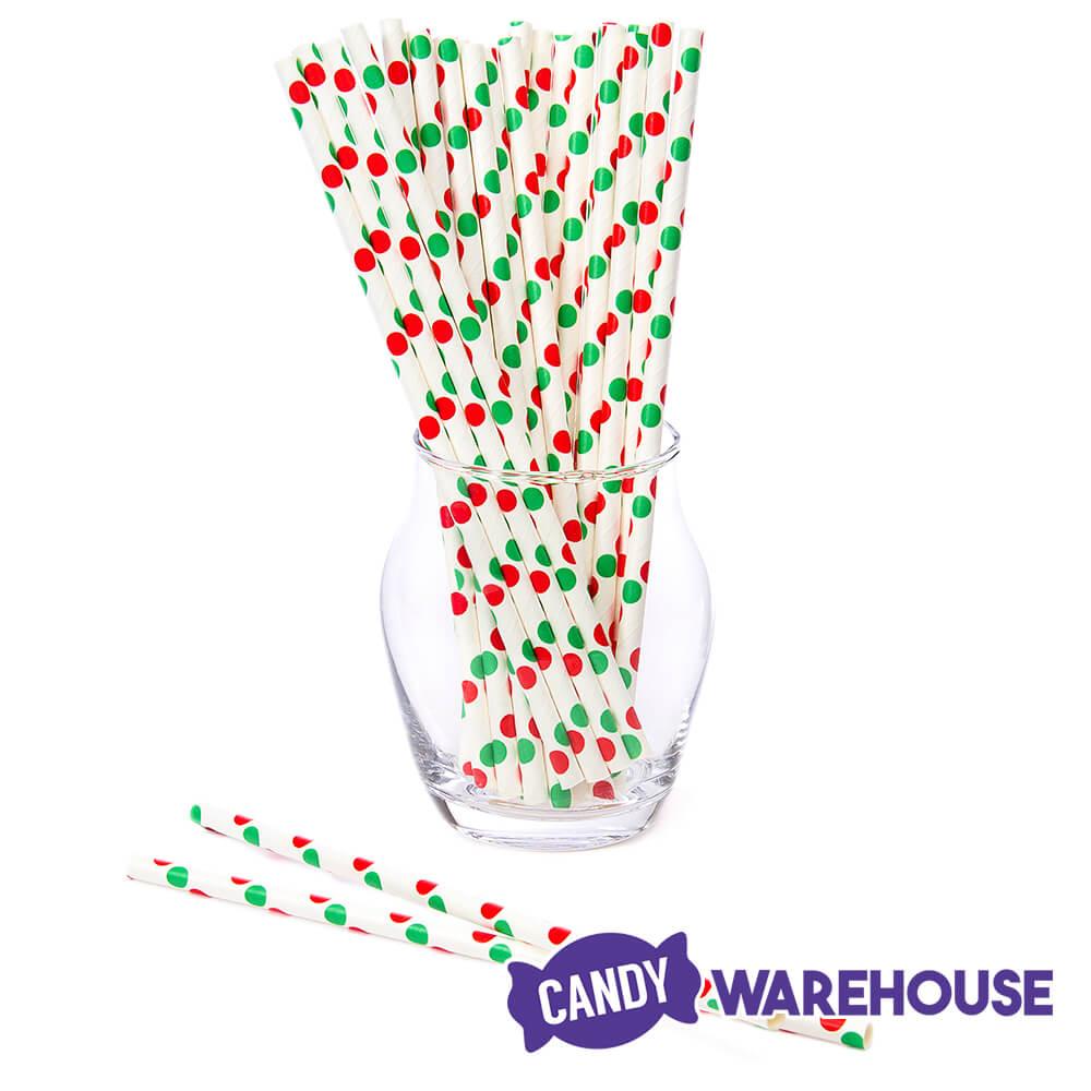 Paper 7.75-Inch Drinking Straws - Christmas Red and Green Polka Dots: 25-Piece Pack - Candy Warehouse