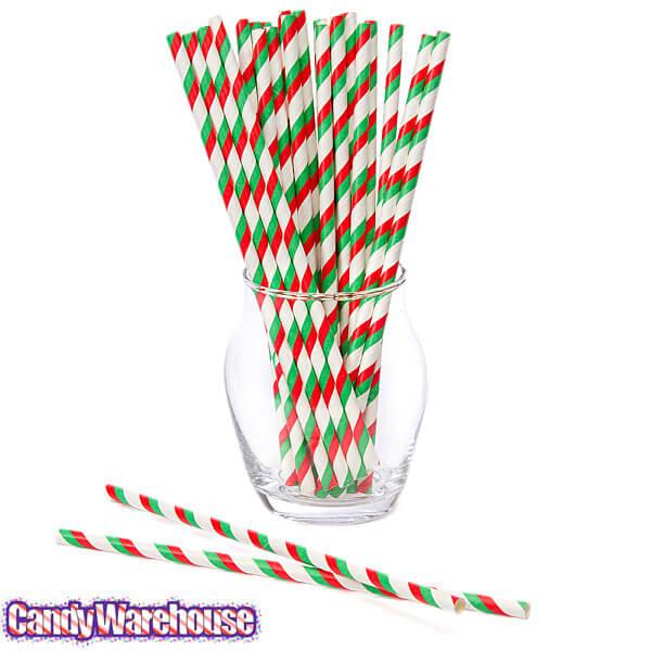 Paper 7.75-Inch Drinking Straws - Christmas Red and Green Stripes: 25-Piece Pack - Candy Warehouse