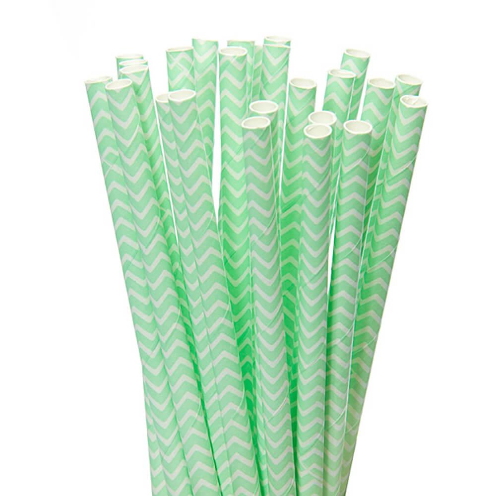 Paper 7.75-Inch Drinking Straws - Mint Green Chevron Stripes: 25-Piece Pack - Candy Warehouse