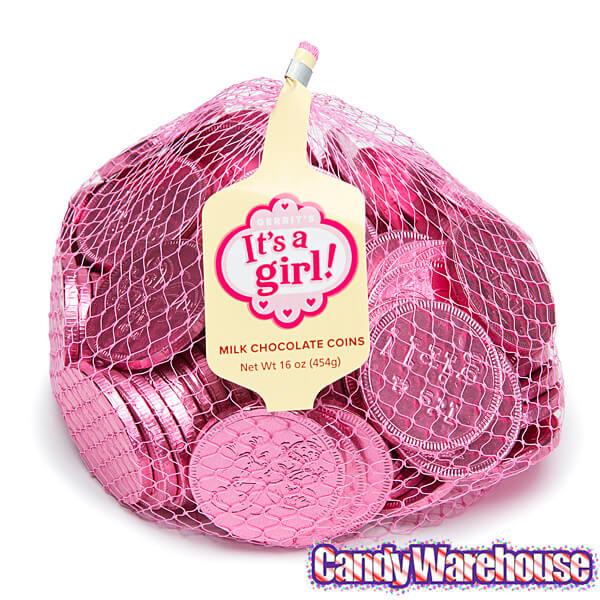 Pink Foiled Baby Girl Milk Chocolate Coins: 1LB Bag - Candy Warehouse