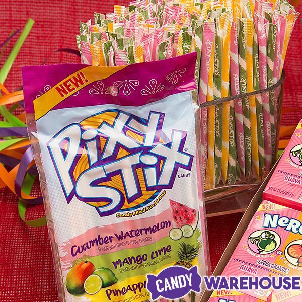 Pixy Stix Candy Powder Straws Bags - Cucumber Watermelon, Mango Lime, & Pineapple: 12-Piece Box - Candy Warehouse