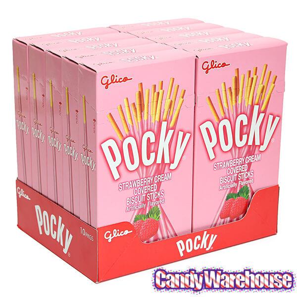 Pocky - Strawberry Cream Covered Biscuit Sticks Packs: 10-Piece Box - Candy Warehouse