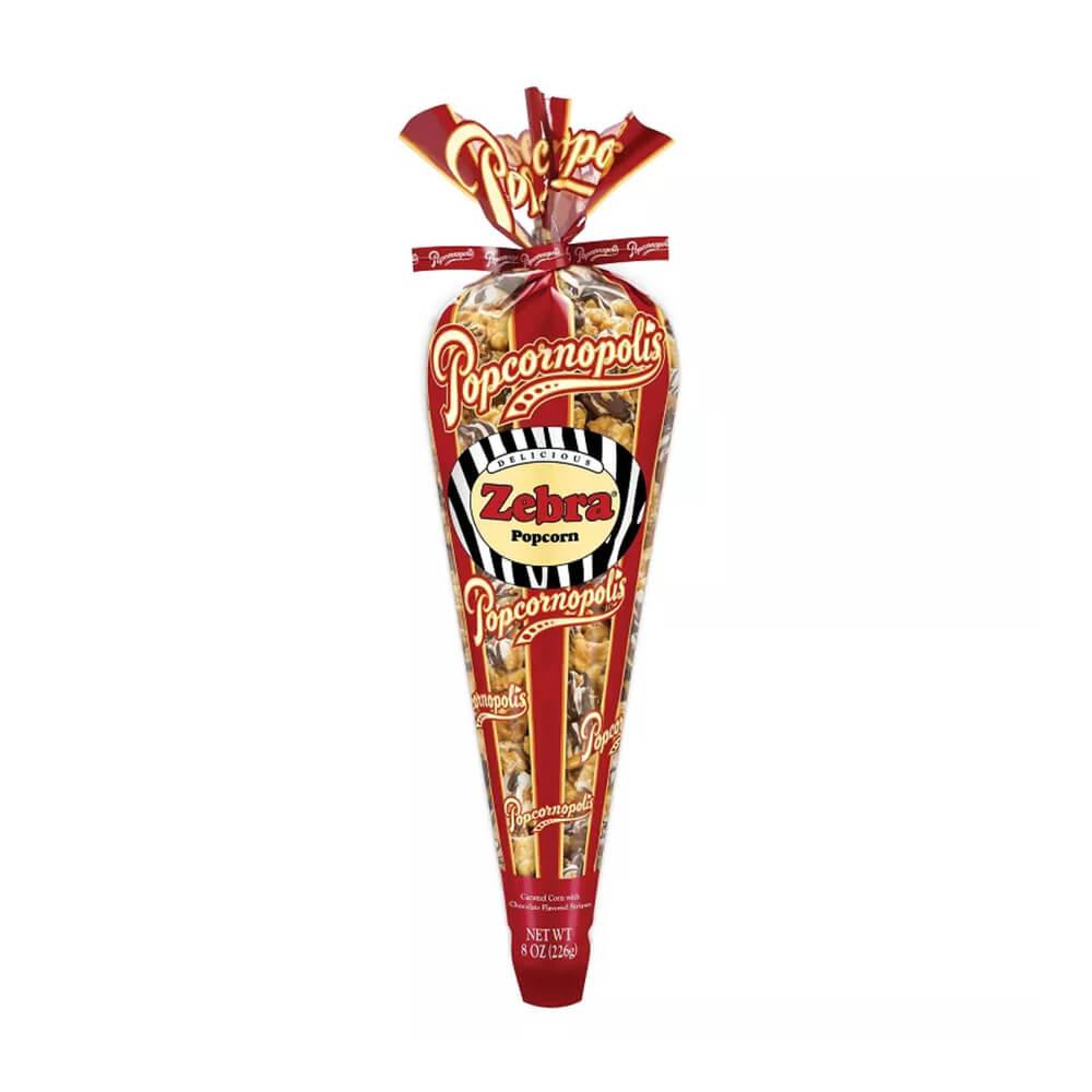 Popcornopolis Zebra Popcorn: 8-Ounce Cone - Candy Warehouse