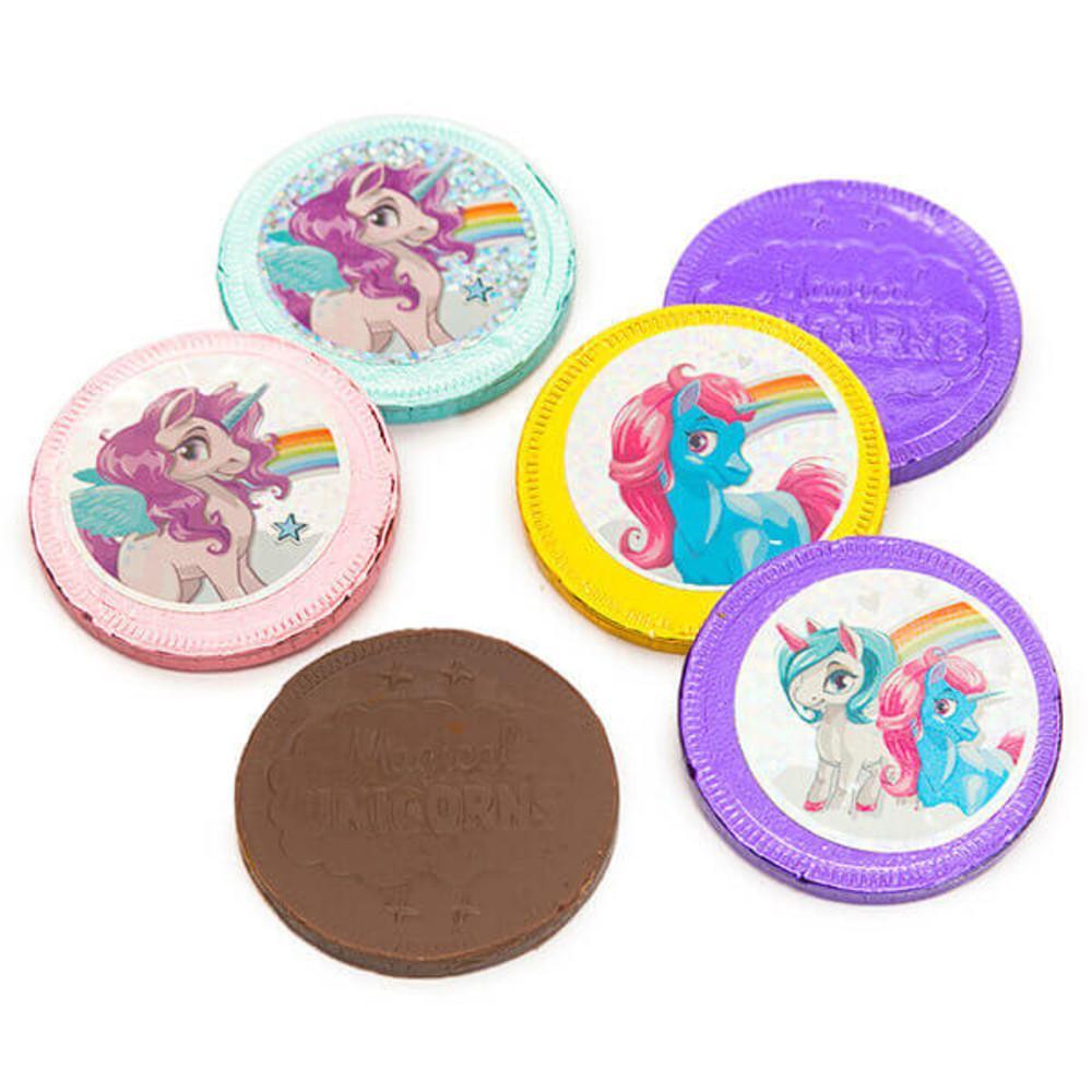 Rainbow Unicorn Foiled Milk Chocolate Coins in Mesh Bags: 18-Piece Box - Candy Warehouse