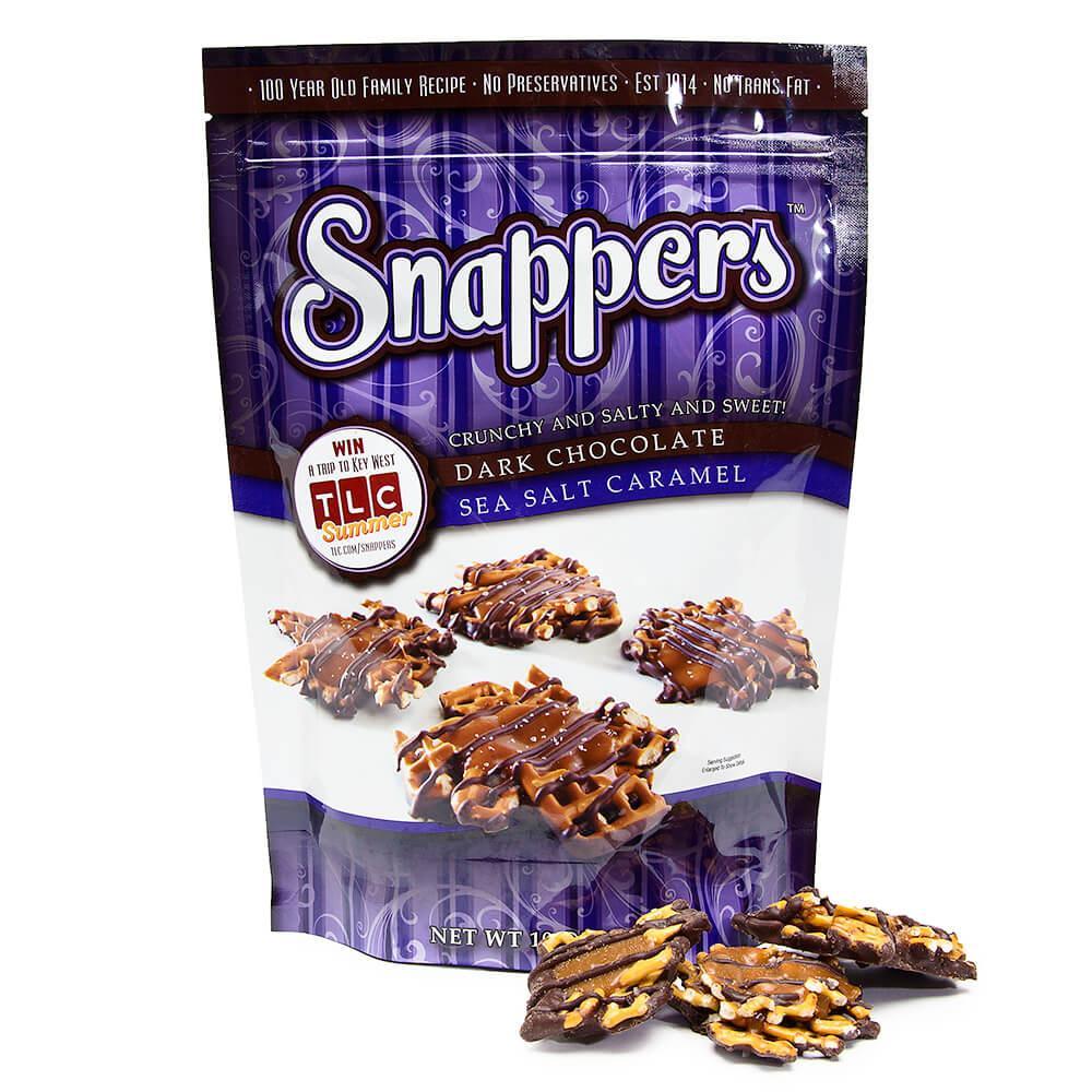 Snappers Dark Chocolate Sea Salt Caramel Pretzels: 10-Ounce Bag - Candy Warehouse