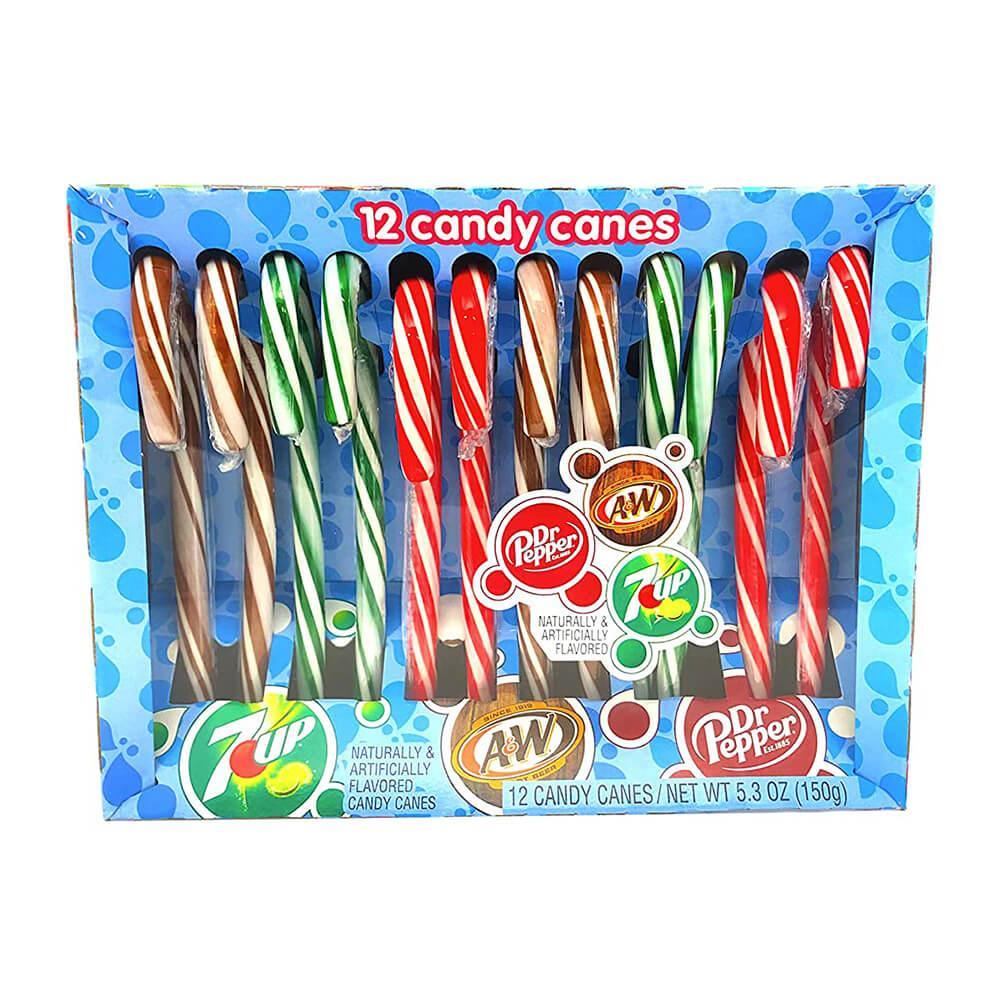 Soda Pop Candy Canes - Dr. Pepper, 7-Up, and A&W: 12-Piece Box - Candy Warehouse