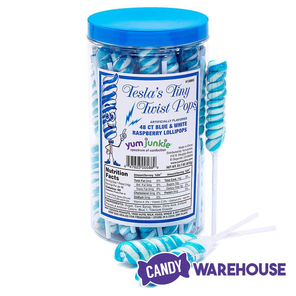 Tesla&#39;s Tiny Twist Pops - Blue Raspberry: 48-Piece Jar - Candy Warehouse