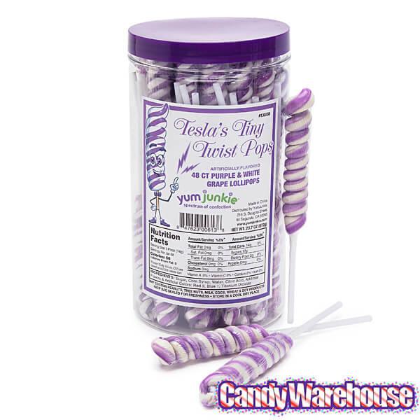 Tesla&#39;s Tiny Twist Pops - Grape: 48-Piece Jar - Candy Warehouse