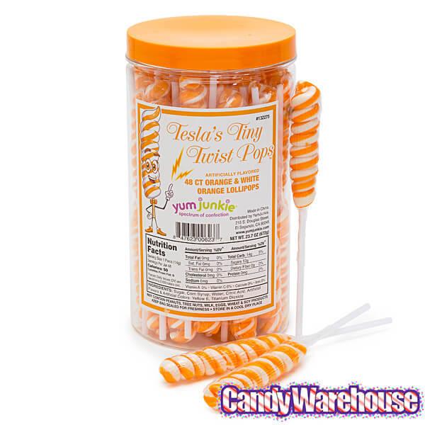 Tesla&#39;s Tiny Twist Pops - Orange: 48-Piece Jar - Candy Warehouse