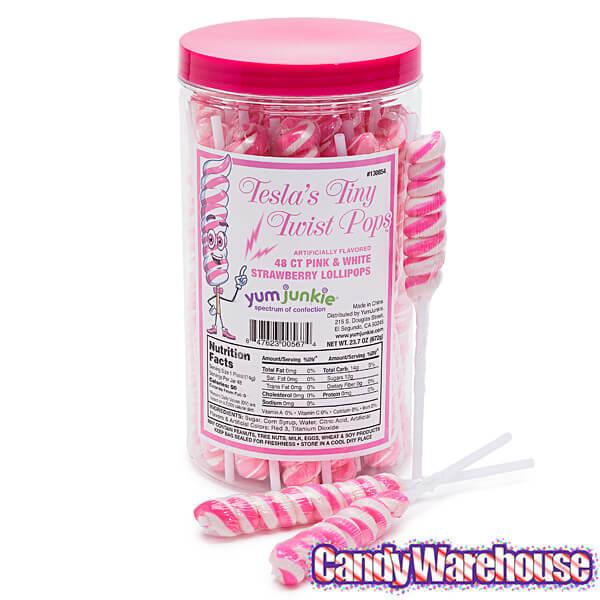 Tesla&#39;s Tiny Twist Pops - Strawberry: 48-Piece Jar - Candy Warehouse