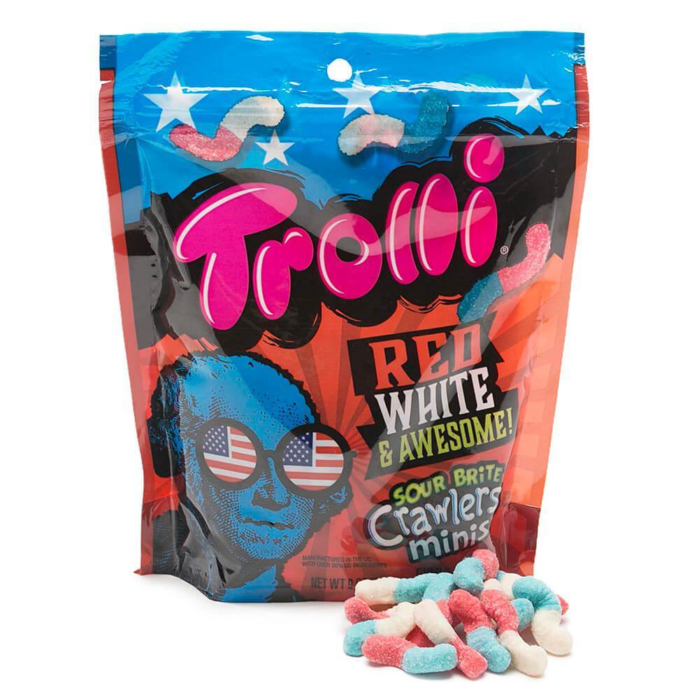 Trolli Sour Brite Crawlers Minis Gummy Worms - Red, White, and Awesome: 9-Ounce Bag - Candy Warehouse